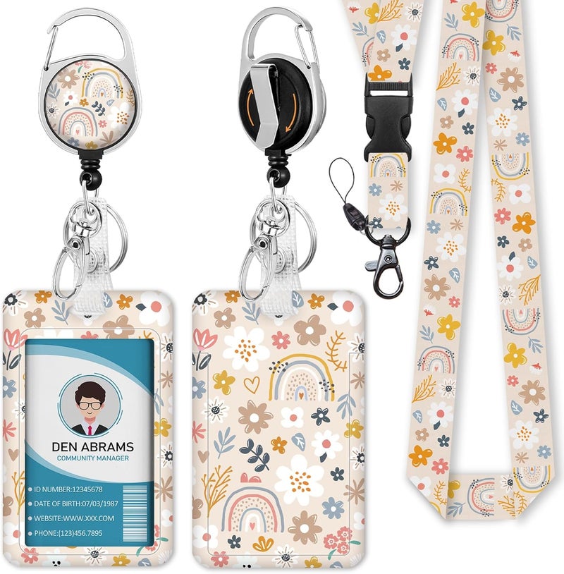 Piefly Lanyards for Id Badges, Boho Flowers Rainbows Badge Holder with Retractable Reel Belt Clip, Cute Work Name Tag Lanyard Vertical ID Card Protector Case for Women Nurse Doctor Teacher Student - Image 1